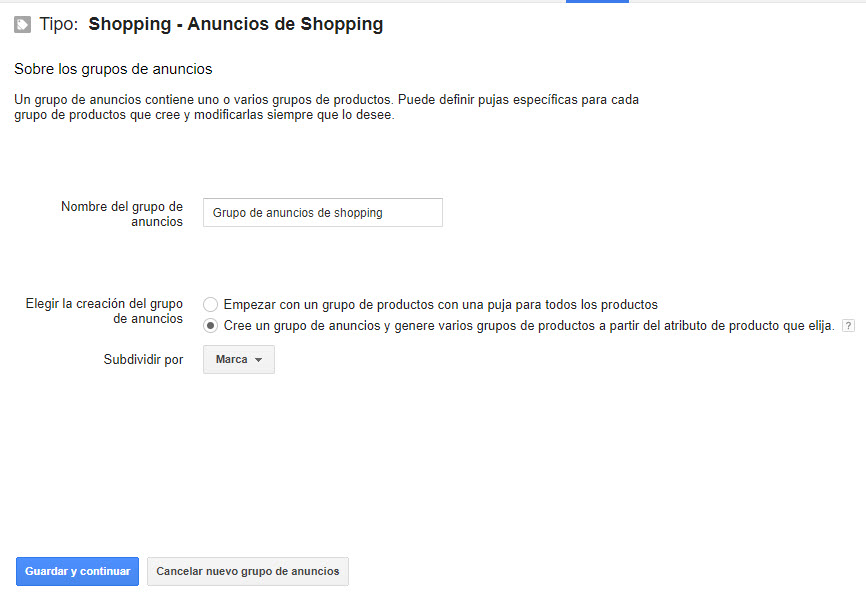 crear grupo de anuncios en google shopping