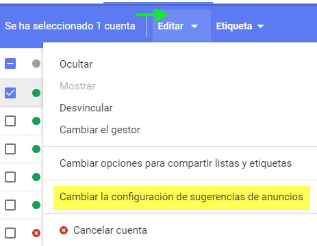 config sugerencias anuncios mcc